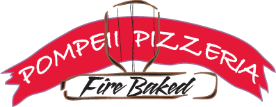 Pompeii Pizzeria Fire Baked logo, white lettering on a red ribbon